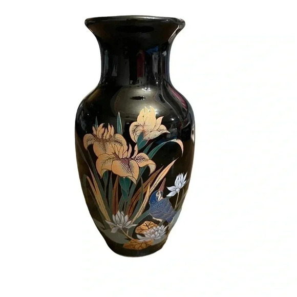 Black with Gold Rim made in Japan 6” Vase Floral with Blue Bird - Picture 1 of 9